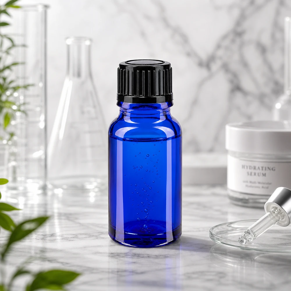 Bottiglia da farmacia blu da 10ml. SV STD nero/11mm ApoGlas Flacone da farmacia da 10 ml blu con tappo nero accanto a un matraccio da laboratorio e a un siero all'acido ialuronico