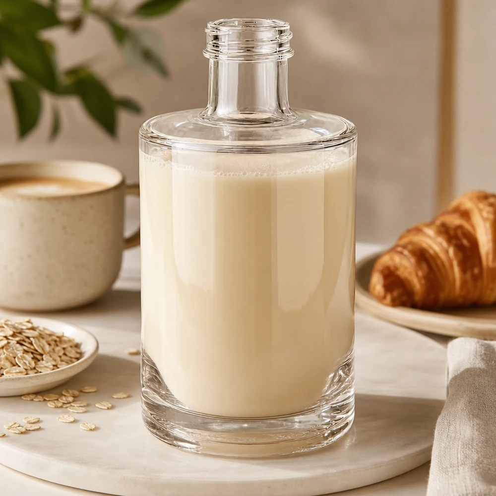 Bottiglia in vetro da 375 ml Sam senza tappo a vite UNiTWIST® Bottiglia di vetro da 375 ml di Sam riempita di latte d'avena cremoso disposta accanto a un croissant e a una tazza di caffè su una tavola di legno