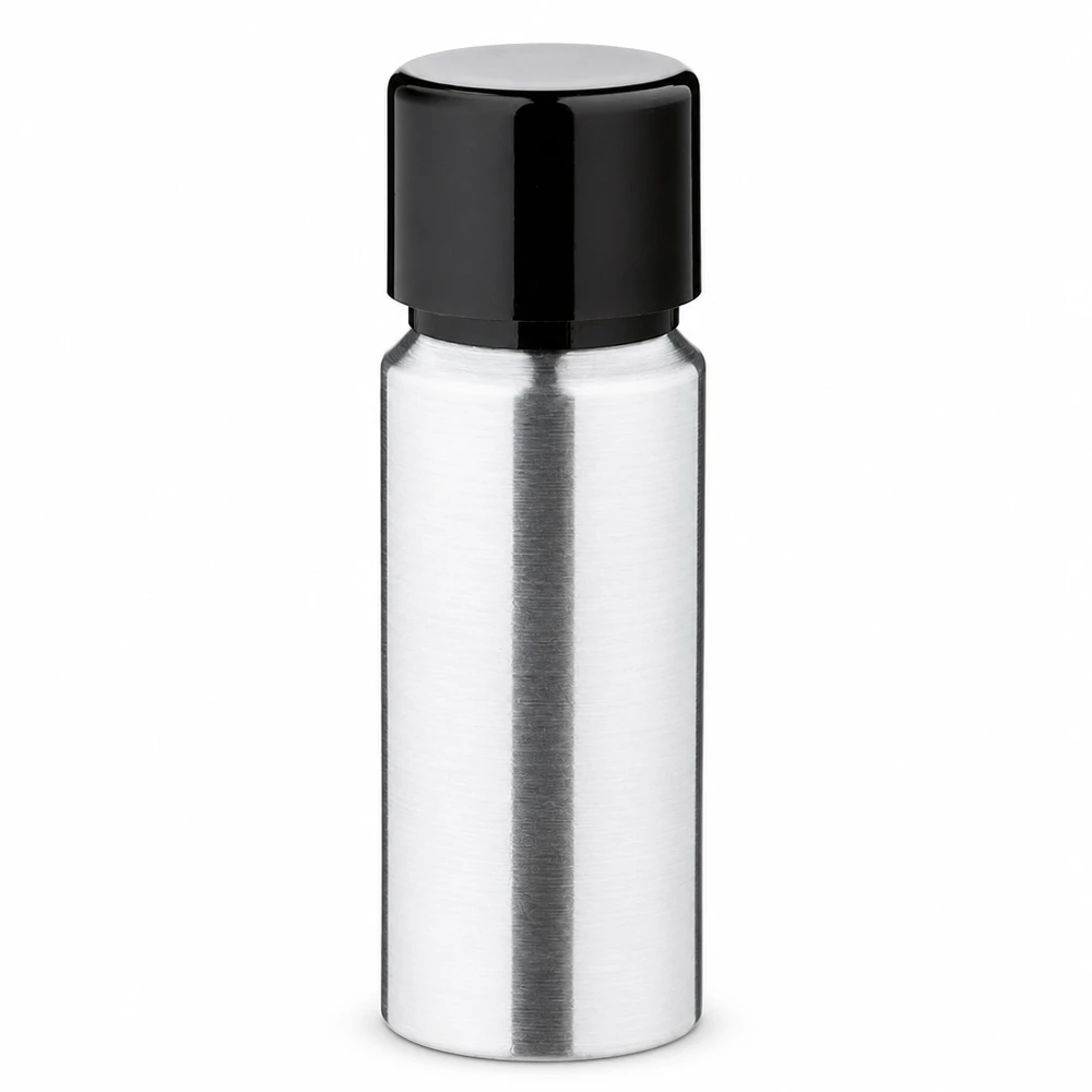 Flacone cilindrico da 20 ml in alluminio dal design elegante e pratico tappo a vite