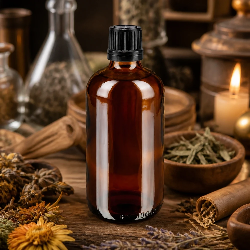 Flacone contagocce da 100 ml in vetro ambrato con tappo OV, circondato da erbe essiccate e spezie