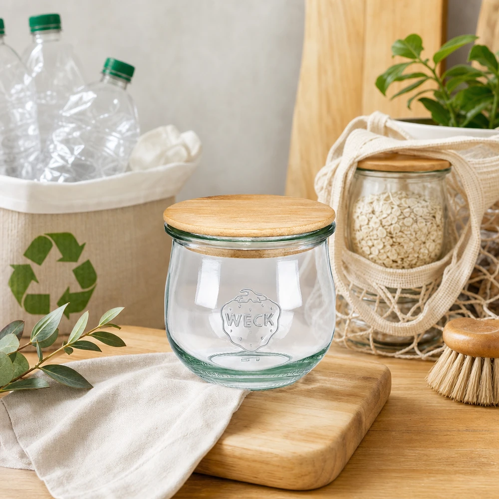 Barattolo a tulipano da 370 ml WECK RR80 con coperchio in legno Barattolo WECK tulipano 370ml RR80 con coperchio in legno in cucina sostenibile a rifiuti zero con utensili riciclati e decorazioni naturali