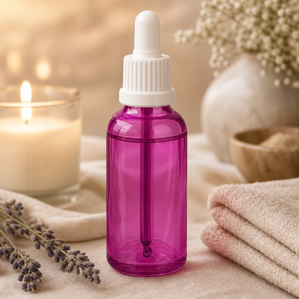 Bottiglia per pipette da 30 ml con tappo a vite bianco originalità PurpleLine UT18/30 Elegante flacone in vetro viola da 30 ml con pipetta per la produzione di cosmetici professionali