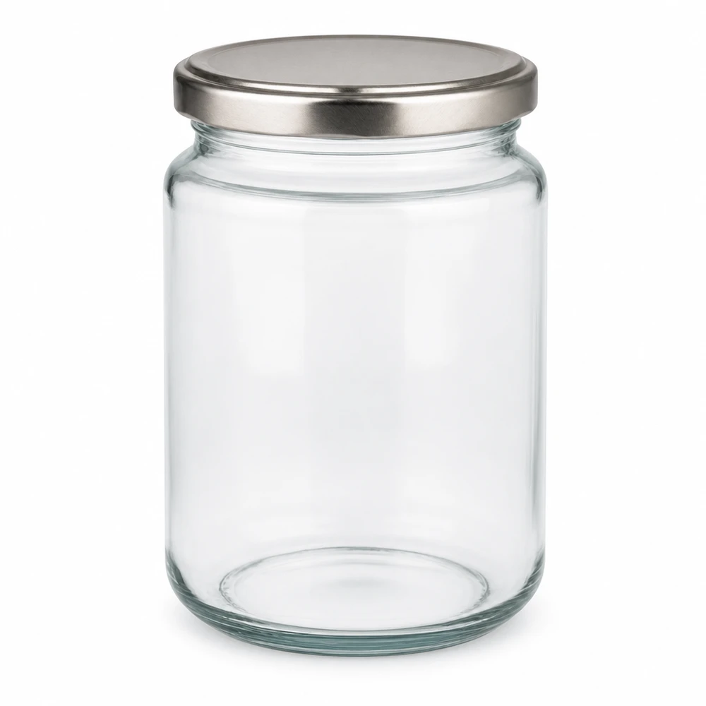 Barattolo rotondo da 382 ml con coperchio BasicSeal argento UN.. Barattolo rotondo da 382 ml con coperchio BasicSeal argento vuoto su sfondo bianco Barattolo per conserve Barattolo per la conservazione
