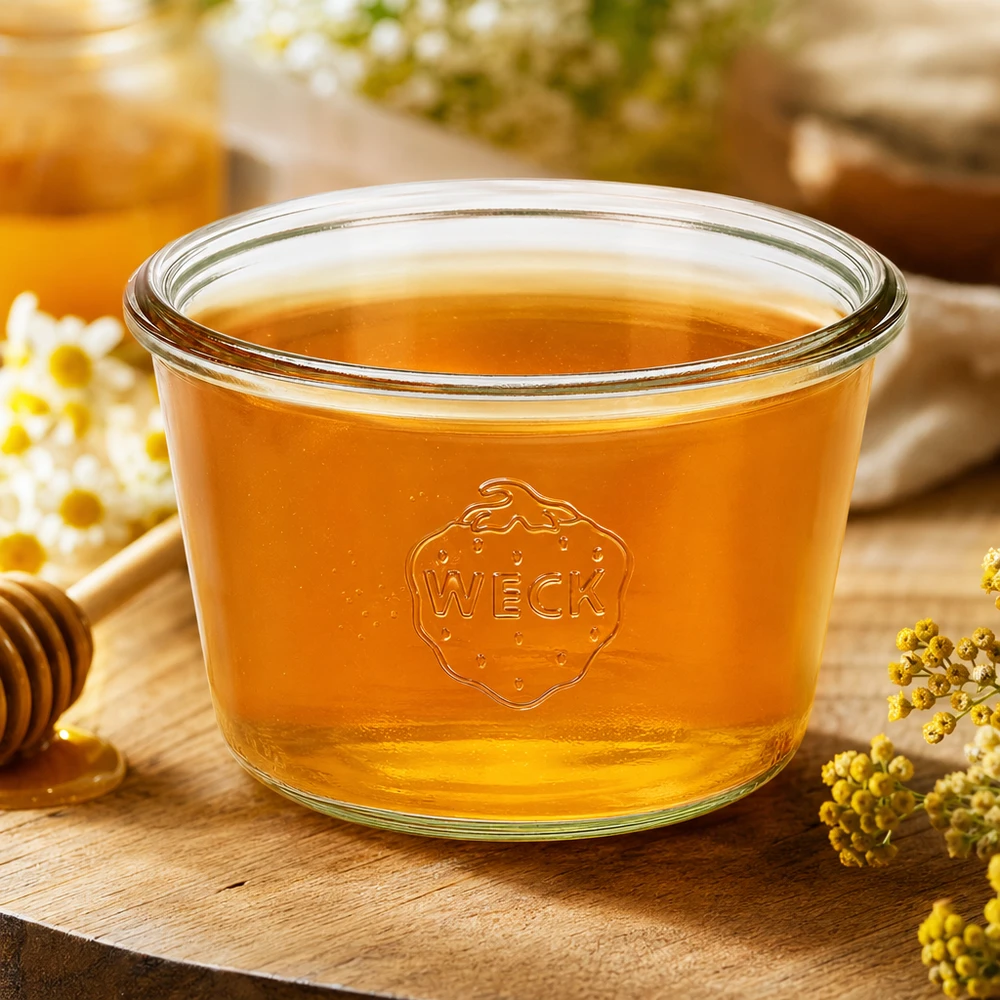 Bicchieri WECK 370ml RR100 riempiti di miele su un tavolo di legno con camomilla e nido d'ape