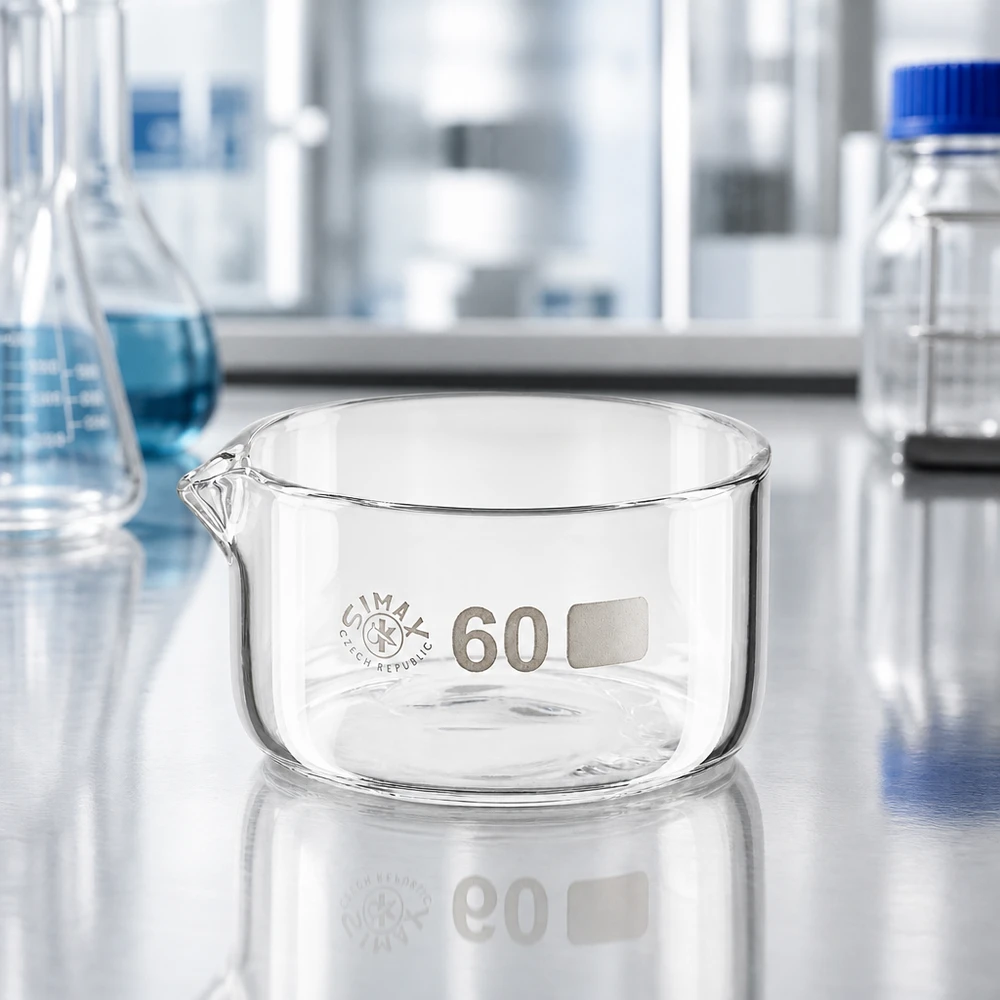 Piatto per cristallizzazione da 60 ml con beccuccio Bo. ø60mm Ciotola in vetro da 60 ml, ciotola di cristallizzazione, fondo piatto, beccuccio, materiale da laboratorio, ciotola di evaporazione, Simax