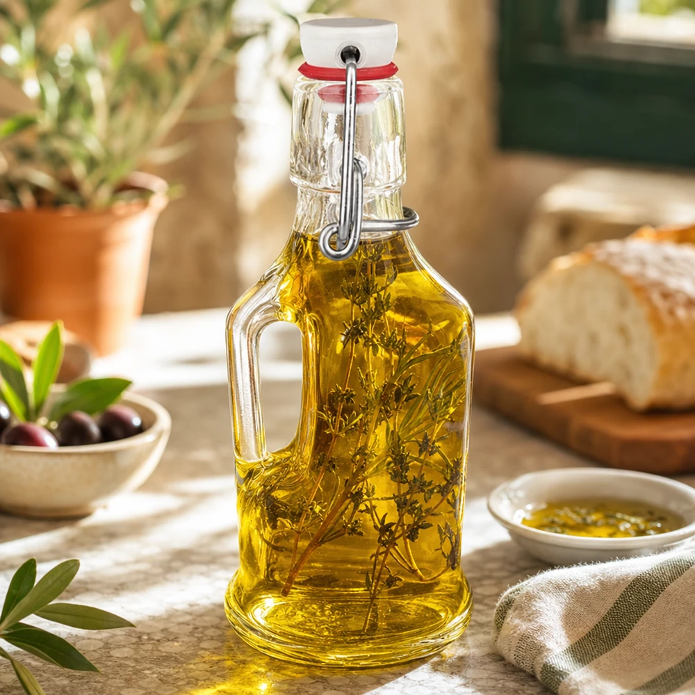 Bottiglia in vetro da 200 ml Bertha e tappo a clip in porcellana UNiTWIST® Bottiglia di vetro Bertha 200ml riempita di olio alle erbe scena di cucina mediterranea pane olive swing top UNiTW