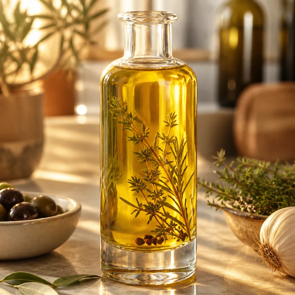 Bottiglia in vetro da 200 ml Ella senza tappo UNiTWIST® 200ml Glasflasche Ella mit Kräuteröl und Rosmarin befüllt zeigt elegante Küchennutzung für aromatisierte Öle