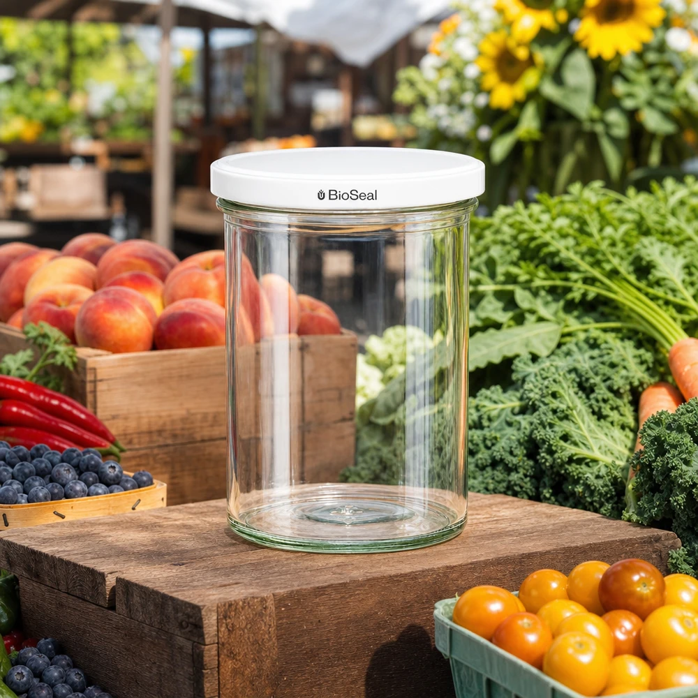 UNiTWIST Sturz435 con coperchio bianco TO82 BioSeal I tumbler UNiTWIST da 435 ml vuoti su un tavolo di legno tra frutta e verdura fresca mostrano la versatilità dell'uso in giardino