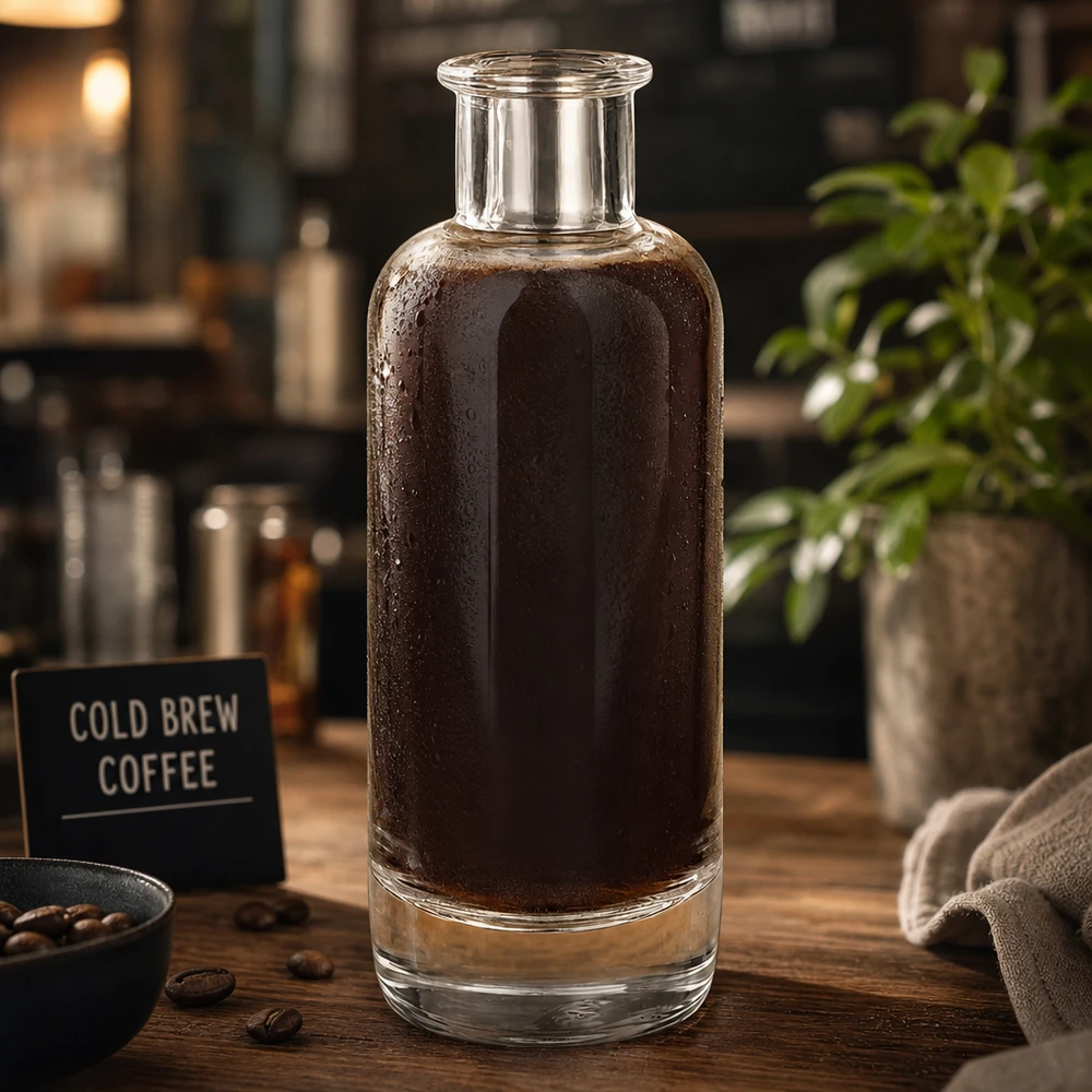 Bottiglia in vetro da 200 ml Ella senza tappo UNiTWIST® Bottiglia di vetro da 200 ml Ella riempita di caffè freddo in un'atmosfera da bar mostra l'uso per bevande a base di caffè