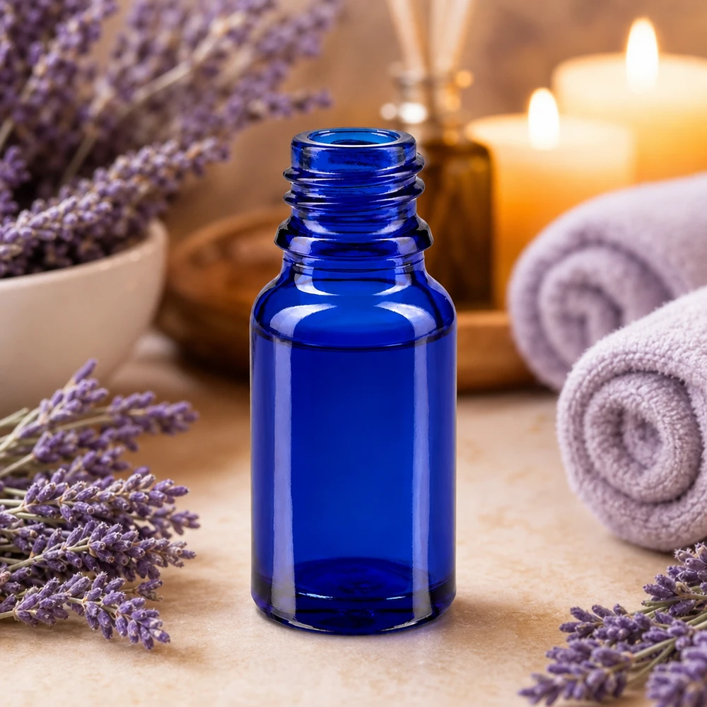 Piccola bottiglia in vetro blu da 10 ml con pratica apertura per un dosaggio preciso dei liquidi