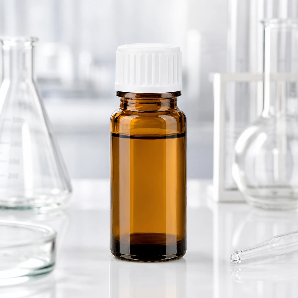 Fiala farmaceutica in vetro ambrato da 10 ml con tappo contagocce bianco in laboratorio
