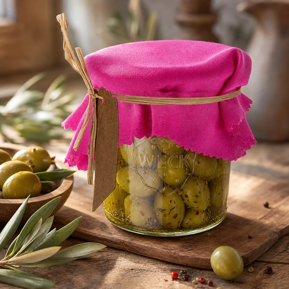 Centrino in tessuto rosa di 12 cm di lato su vaso di olive con rafia ed etichetta in scena di decorazione mediterranea