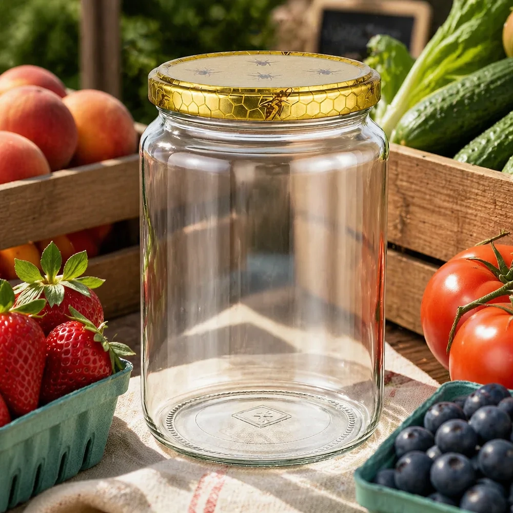 Vasetto per miele da 1000 g con capsula con motivo a favo BasicSeal UNiTWIST Vasetto di miele da 1000 g con coperchio a nido d'ape circondato da frutta e verdura fresca in cassette di legno scena di mercato rustico