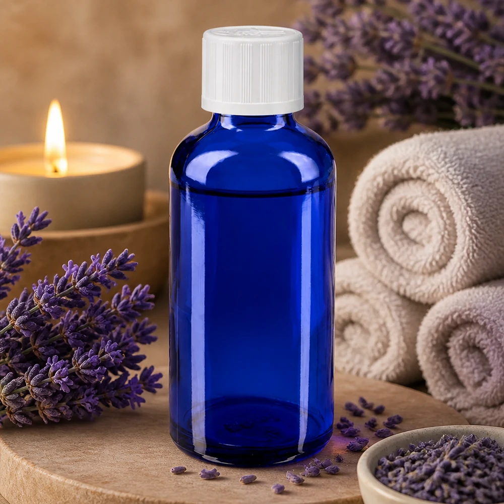 Flacone di vetro blu da 50 ml con contagocce, tra fiori di lavanda e una candela in un ambiente da spa
