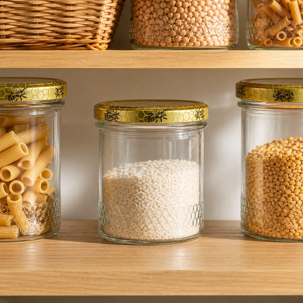 Vasetto per miele da 560 g con capsula a favo BasicSeal UNiTWIST Vasetto di miele da 400 ml con coperchio a nido d'ape in cucina dispensa organizzata, organizzazione della dispensa con pasta e cereali