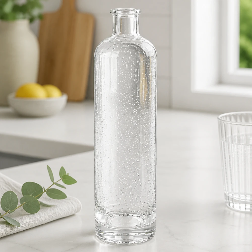 Bottiglia in vetro da 500 ml Ella senza tappo UNiTWIST® 500ml Glasflasche Ella mit Sprudelwasser gefüllt elegante Küchenszene Bubbles sichtbar stilvolle Tischdekoration