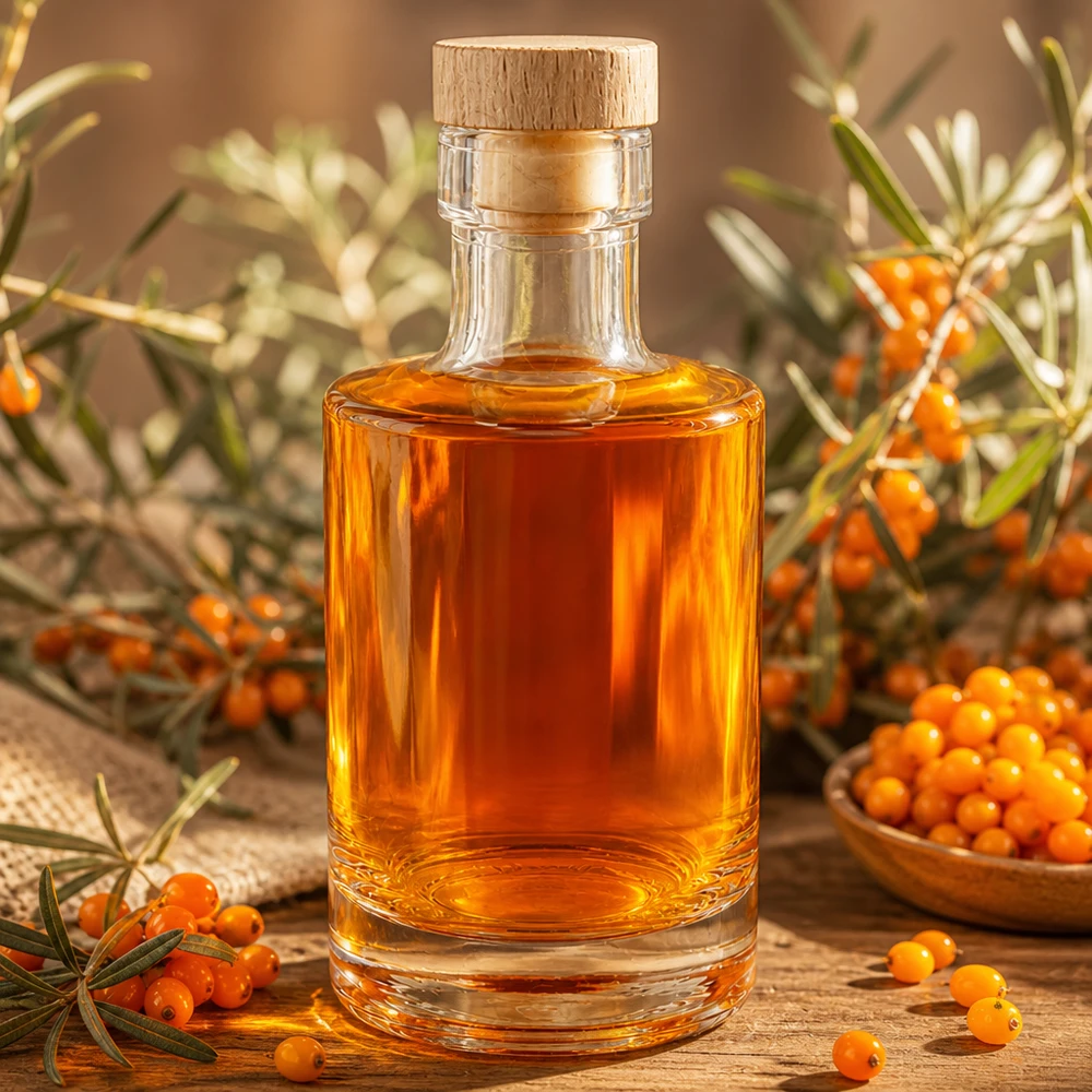 Bottiglia di vetro da 200 ml Marie riempita con olio di olivello spinoso, tappo di sughero in legno, decorazione naturale con bacche di olivello spinoso e rametti
