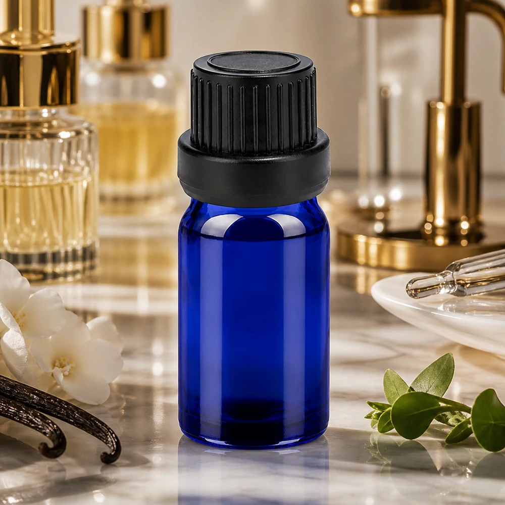 Bottiglia da 5ml 11mm SV nero OV BlueLine UT18/5 Flacone in vetro blu da 5 ml con tappo nero a prova di bambino, perfetto per i cosmetici fai da te