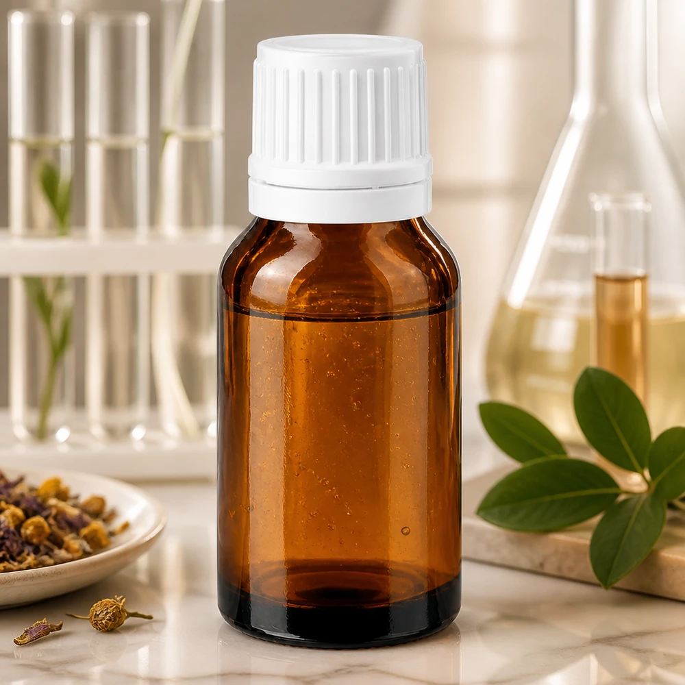 Piccolo flacone in vetro ambrato da 30 ml con tappo di sicurezza bianco, posato su una base di marmo tra erbe medicinali