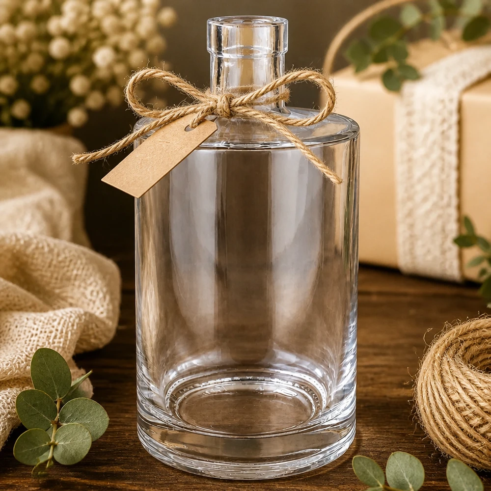 Bottiglia in vetro da 700 ml Marie senza tappo UNiTWIST® Bottiglia in vetro da 700 ml Marie confezionata con un fiocco di iuta e un cartellino in carta kraft rustica