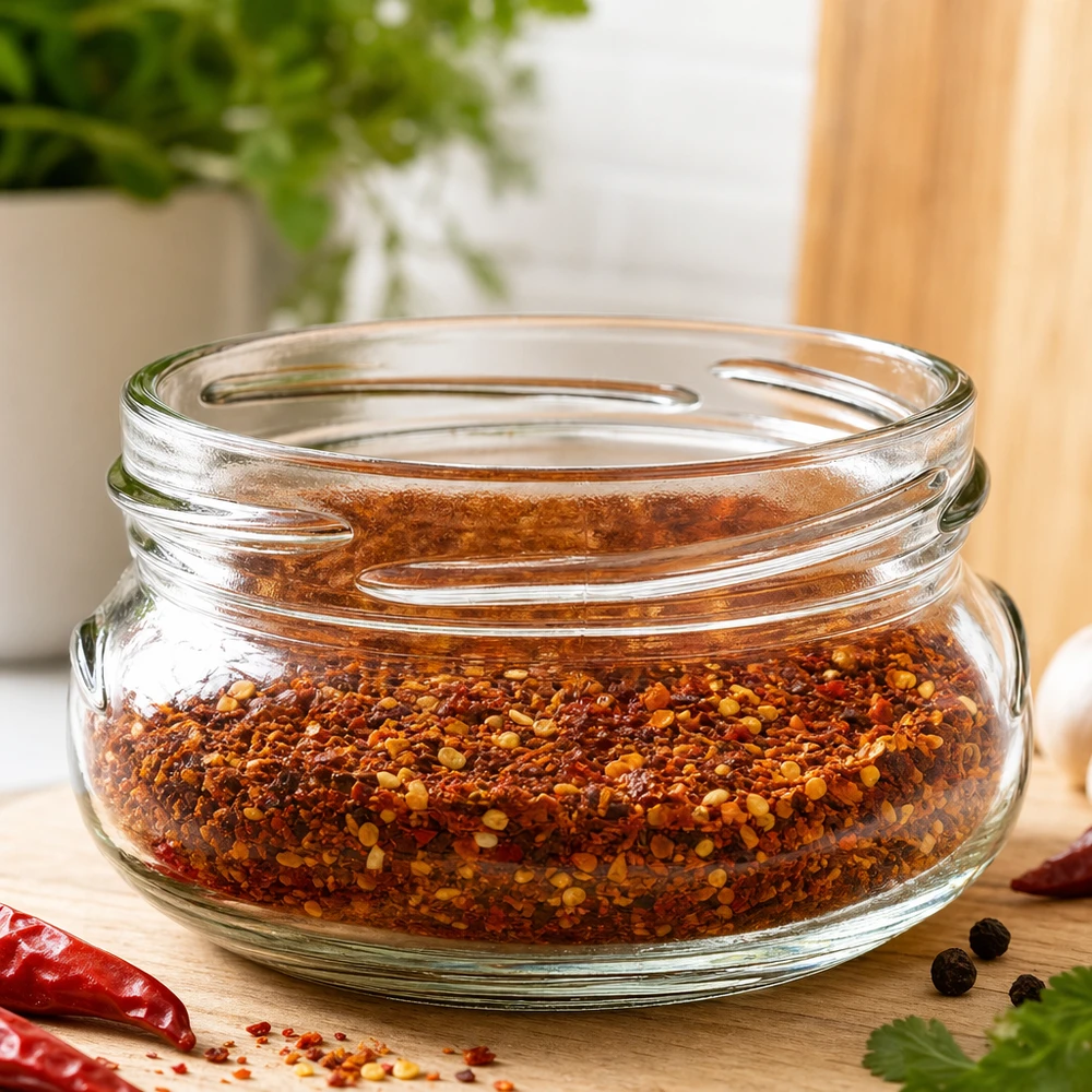 UNiTWIST Terrina120 - Vaso per terrine, capacità 120ml TO70 UNiTWIST Terrina120 vaso per terrine 120ml TO70 con miscela di spezie al peperoncino su tavola di legno in cucina