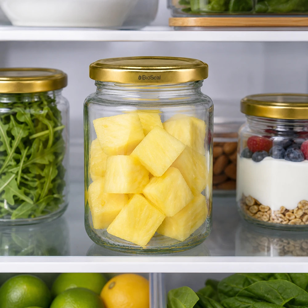 UNiTWIST Runda382 con coperchio dorato TO66 BioSeal UNiTWIST Runda382 con coperchio TO66 BioSeal in frigorifero, pezzi di ananas conservati freschi, barattolo di conservazione Meal Prep