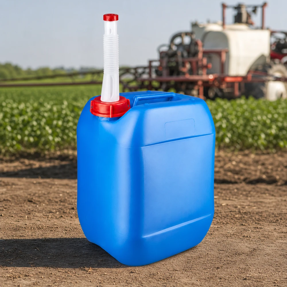 Tanica blu da 10 litri con tubo di scarico flessibile su un campo, davanti a un irroratore agricolo