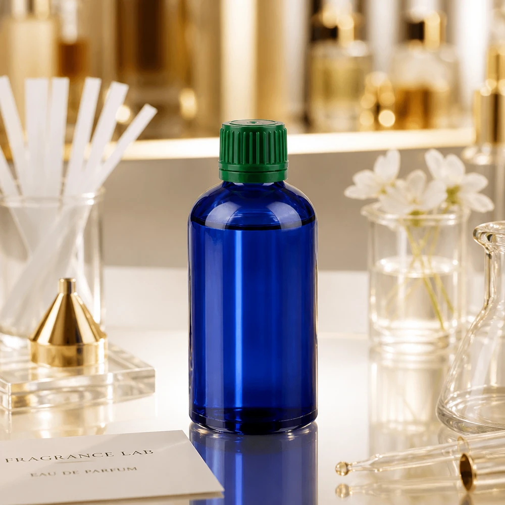 Bottiglia da 100ml 11mm SV verde OV BlueLine UT18/100 Elegante flacone in vetro blu cobalto da 100 ml con coperchio verde a contrasto per prodotti cosmetici