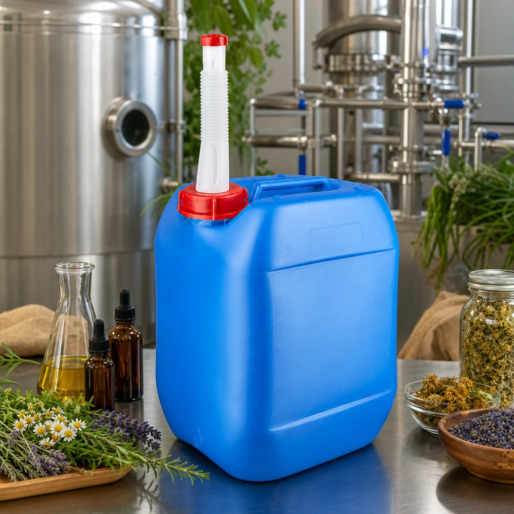 Tanica rettangolare in plastica blu da 10 litri con beccuccio flessibile accanto a erbe aromatiche e oli essenziali