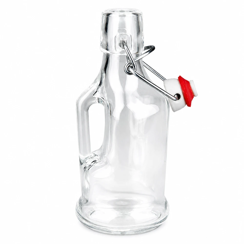 Bottiglia in vetro da 200 ml Bertha con tappo a clip in PVC UNiTWIST® Bottiglia di vetro Bertha 200ml con anello di tenuta rosso sul tappo oscillante, vetro trasparente, maniglia laterale