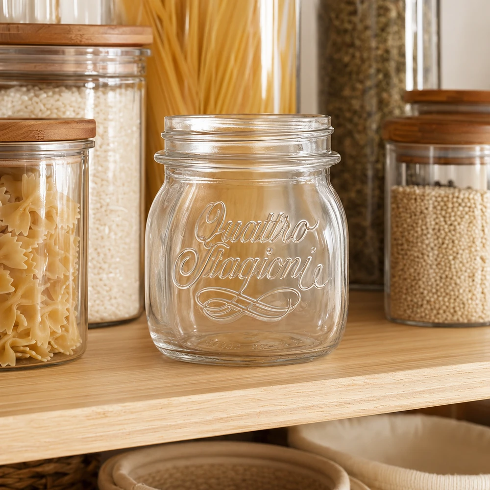 Bicchiere da 250 ml per uso domestico "Quattro Stagioni Vaso domestico Quattro Stagioni da 250 ml vuoto su un ripiano di legno tra i vasi di pasta e cereali