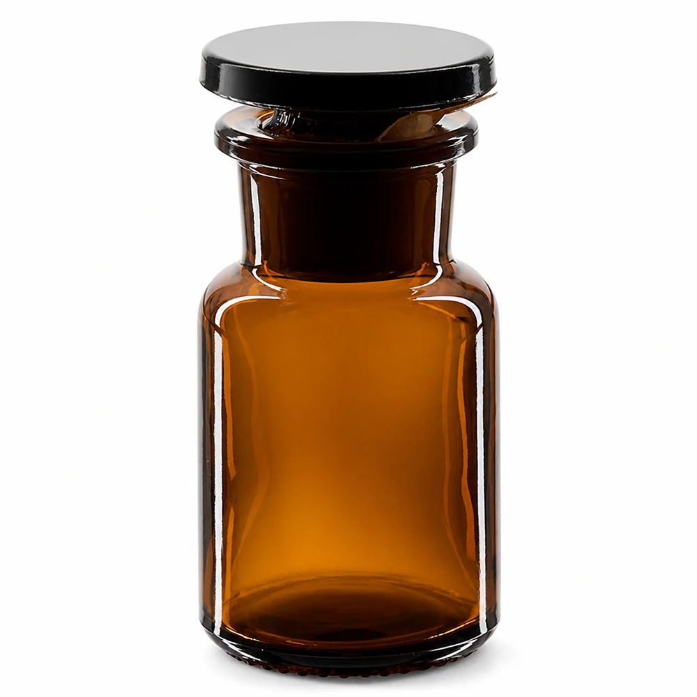 Fiaschetta marrone a spalla arrotondata da 50 ml con tappo in vetro e collo largo, per laboratorio e farmacia