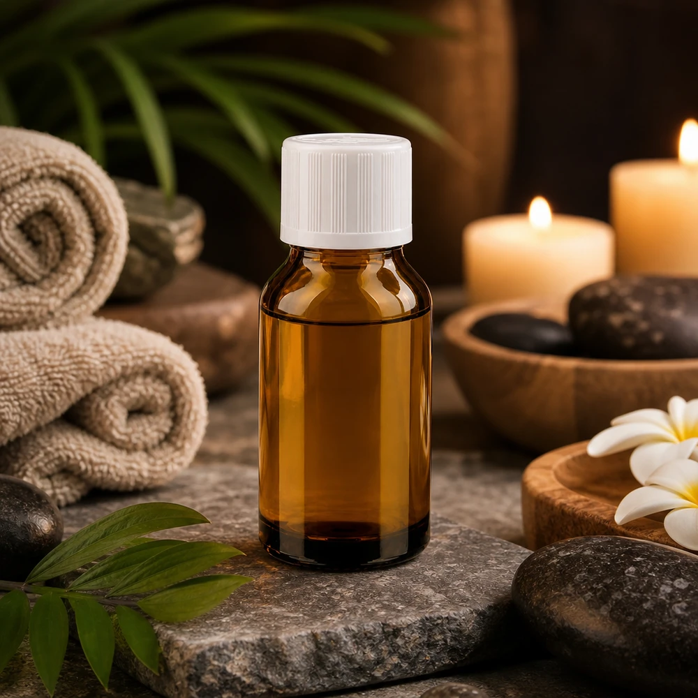 Olio essenziale in flacone di vetro marrone da 15 ml con tappo a vite bianco, in un ambiente da spa