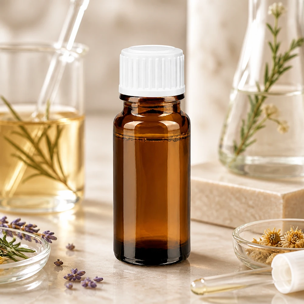 Flacone da farmacia marrone da 10 ml con tappo standard bianco da 11 mm, decorato con rametti di rosmarino e fiori di camomilla