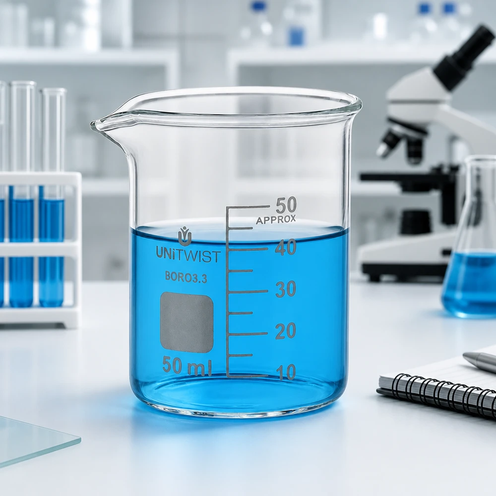 Provetta da laboratorio da 50 ml in vetro, modello UNiTWIST a forma bassa, contenente un liquido blu fino al livello di 40 ml