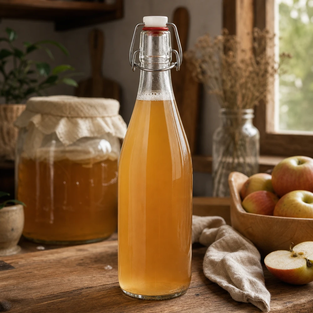 Bottiglia di vetro da 500 ml con tappo oscillante riempita di succo di mela rustico da cucina bevanda di frutta fatta in casa naturale