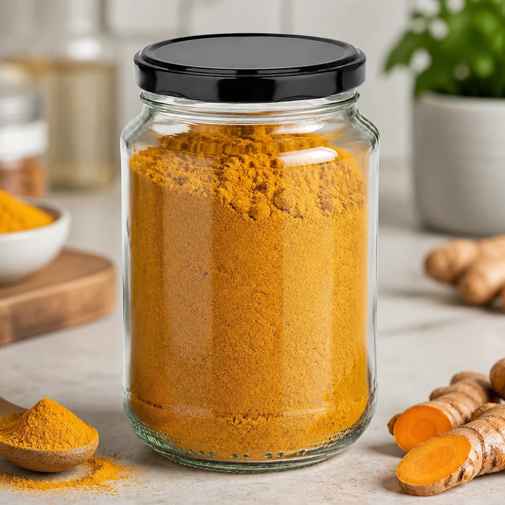 Vaso rotondo da 375 ml con coperchio BasicSeal nero UNiTWIST. Barattolo rotondo da 375 ml riempito di curcuma in polvere mostra l'uso pratico come barattolo per spezie con coperchio nero