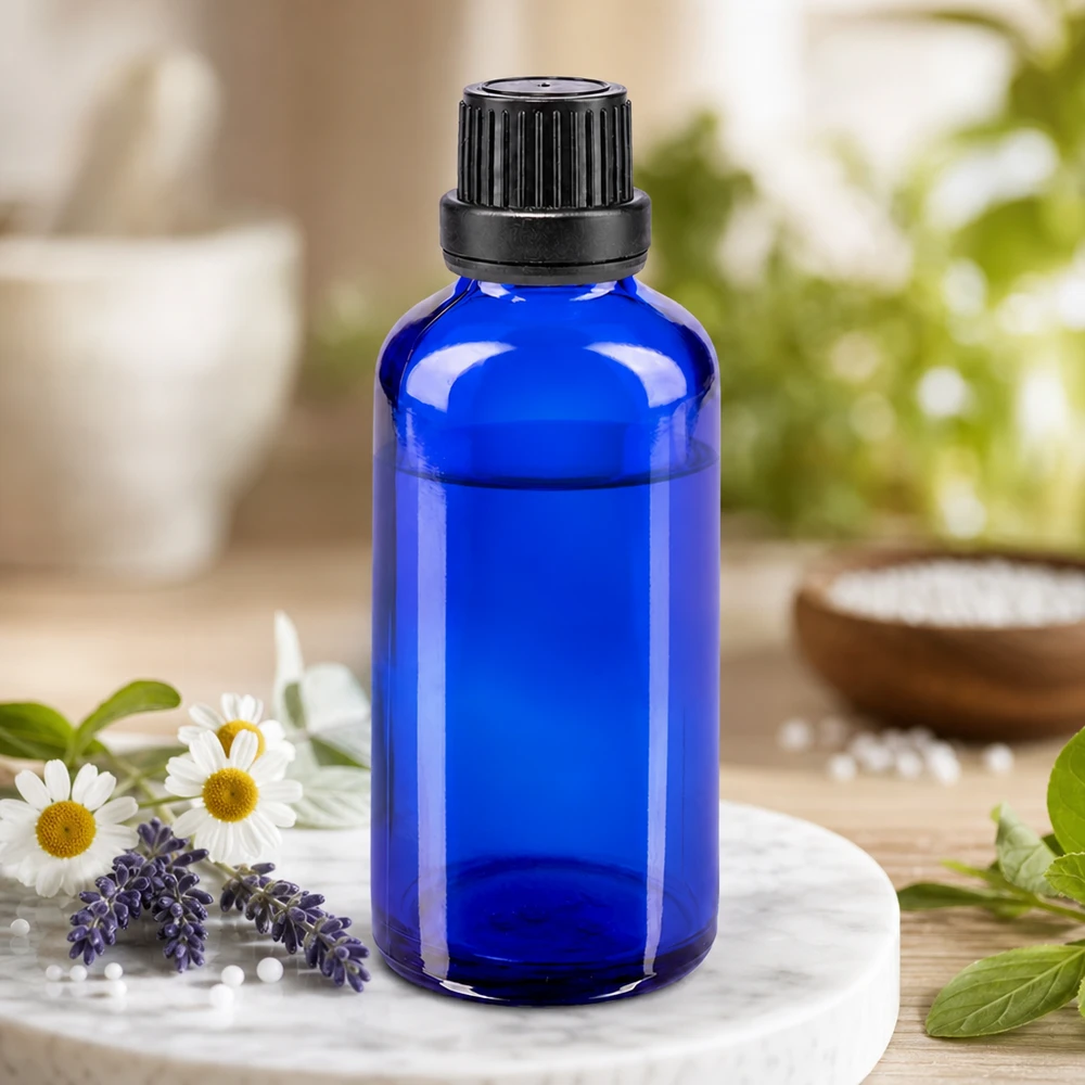Flacone di vetro da 50 ml color blu cobalto con tappo a vite nero, circondato da fiori di lavanda e camomilla