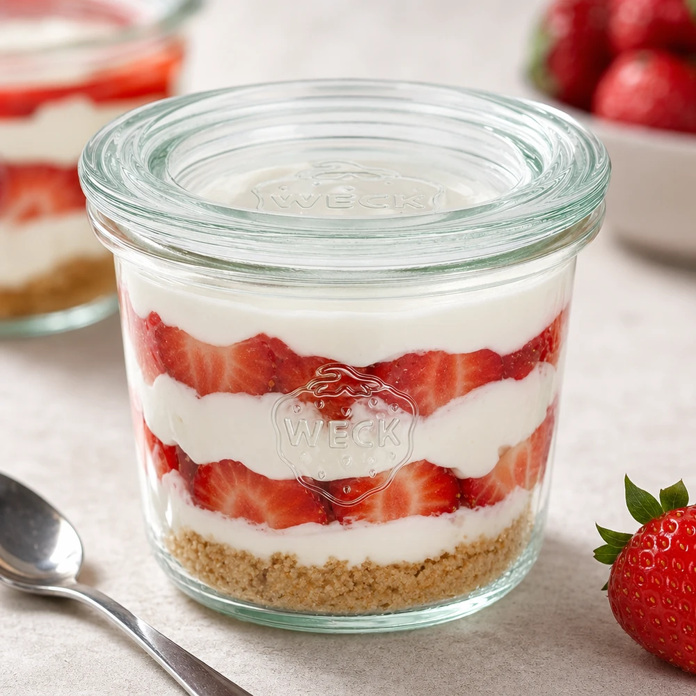 Barattolo di vetro da 80 ml con coperchio in vetro WECK RR60 WECK tumbler 80ml RR60 riempito con crema di fragola dessert mostra l'uso versatile come vaso da dessert e vaso da porzione