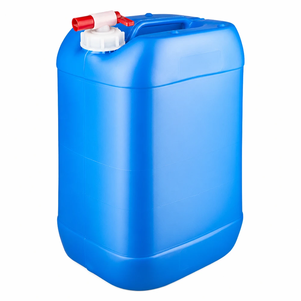 Tanica 25 litri blu con rubinetto di scarico Tanica in plastica blu da 25 litri con rubinetto rosso e tappo a vite bianco
