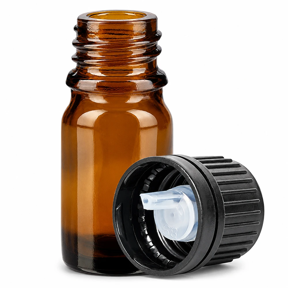 Flacone contagocce da 5 ml 1 mm nero OV BrownLine UT18/5 Flacone contagocce in vetro ambrato da 5 ml con apertura da 1 mm e tappo a vite nero serie BrownLine