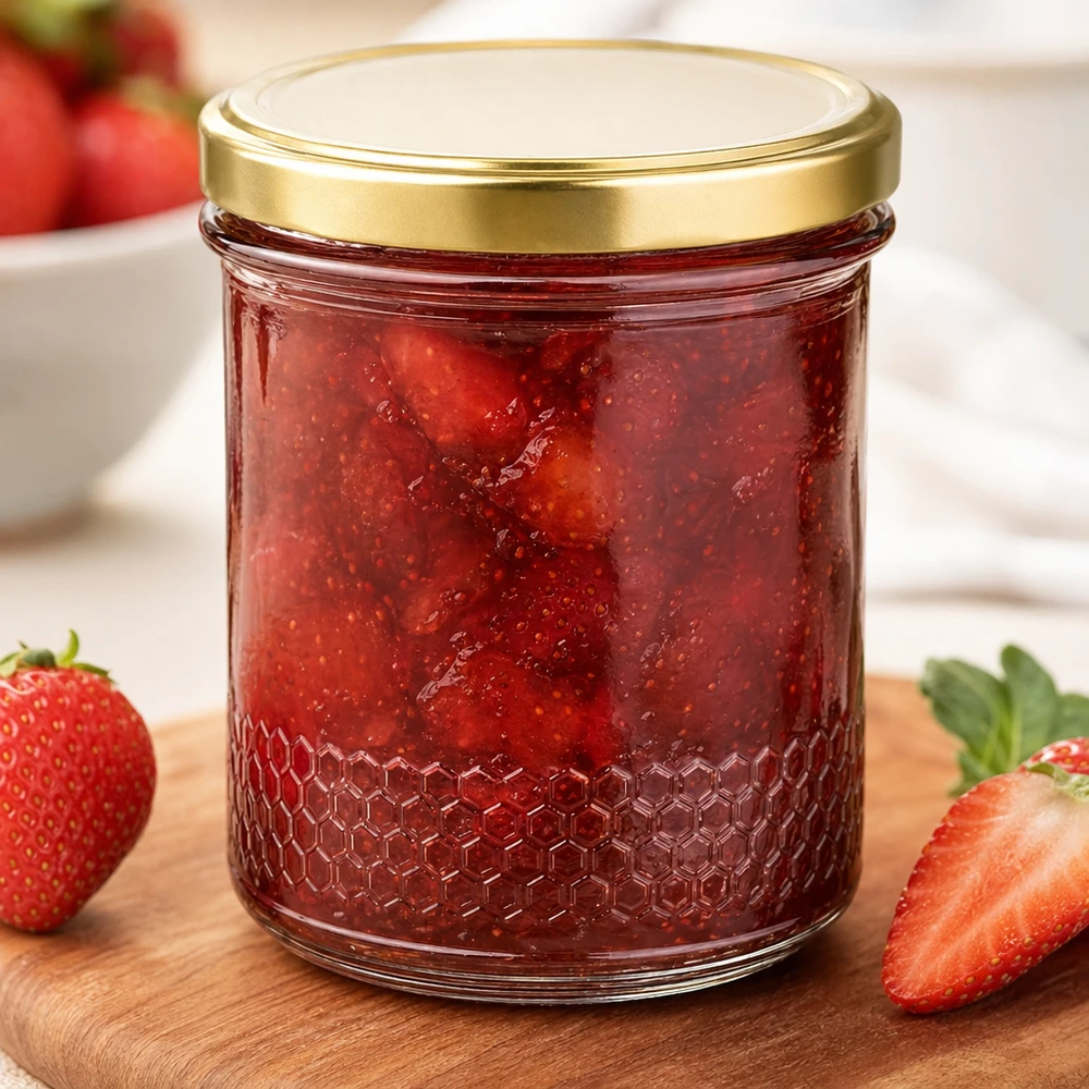 Vasetto per miele da 560 g con capsula dorata BasicSeal UNiTWIST Vasetto per miele da 400 ml con coperchio dorato BasicSeal UNiTWIST come vasetto per marmellata di fragole con base a nido d'ape