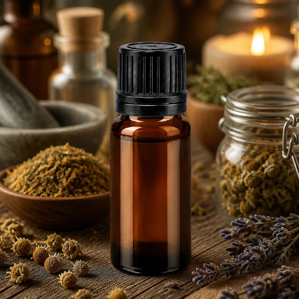 Flacone contagocce marrone da 10ml OV nero/1mm ApoGlas Flacone marrone da 10 ml in vetro da farmacia con tappo nero in plastica tra erbe essiccate