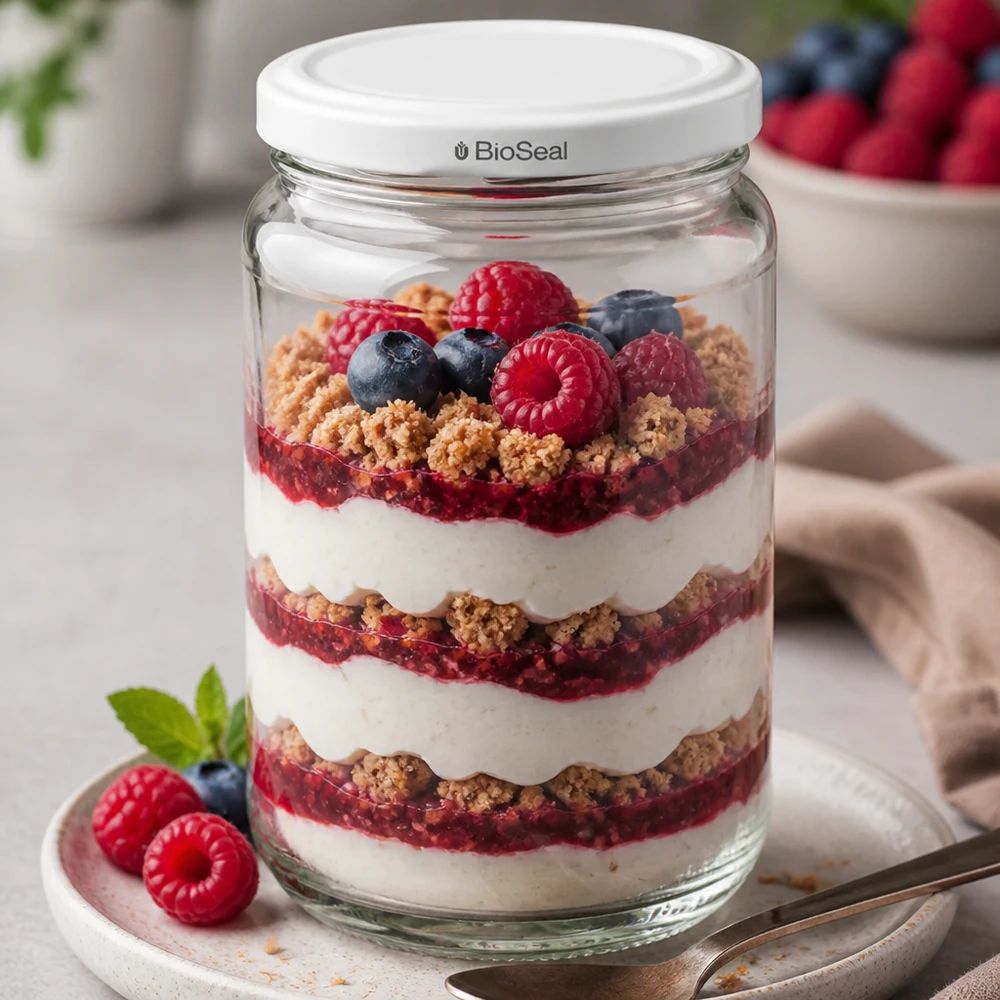 UNiTWIST Runda305 con coperchio bianco TO63 BioSeal UNiTWIST Runda305 con coperchio BioSeal come bicchiere da dessert - dessert a strati con frutti di bosco e yogurt serviti con stile