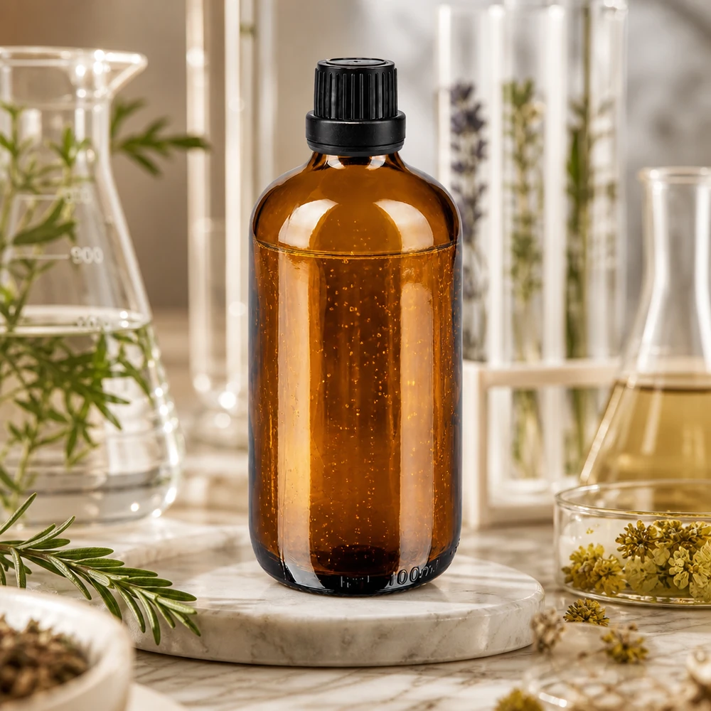 Bottiglia da farmacia marrone da 100 ml. SV OV nero/11mm ApoGlas Fiaschetta da farmacia marrone in vetro da 100 ml con tappo a vite nero, circondata da erbe medicinali e strumenti da laboratorio