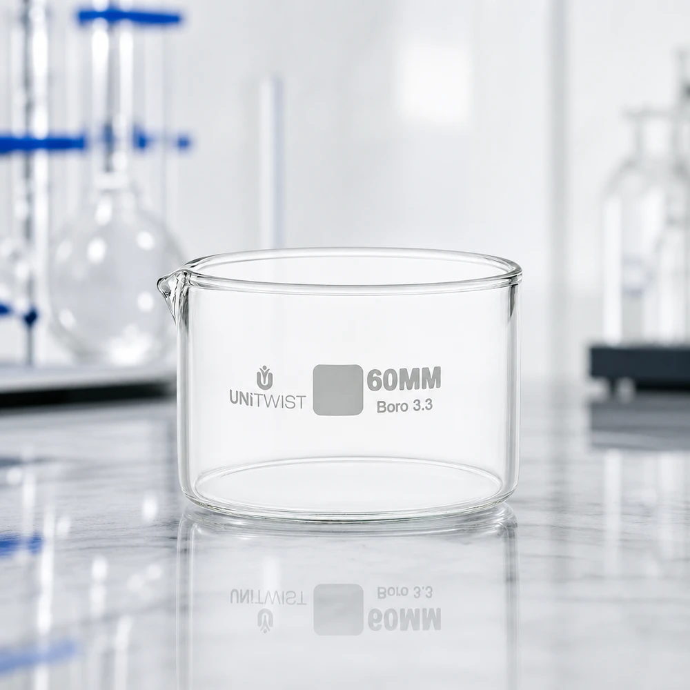 Piatto per cristallizzazione ø60mm in vetro borosilicato UNiTWIST Vaschetta di cristallizzazione vuota da 60 mm UNiTWIST Boro 3.3 su sfondo da laboratorio con matraccio di Erlenmeyer