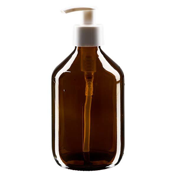 Flacone per medicinali da 300 ml marrone, con pompa dosatrice in ApoGlas bianco Flacone per medicinali da 300 ml marrone, con pompa dosatrice in ApoGlas bianco
