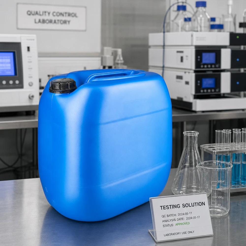 Tanica blu da 30 litri con tappo a vite OV nel laboratorio di controllo qualità, accanto a dei matracci di Erlenmeyer