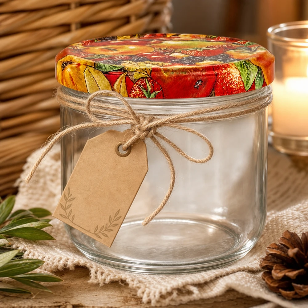 Bicchieri da 260 ml + coperchio BasicSeal per frutta UN.. 260ml Sturzglas mit Obst-Dekor Deckel und rustikaler Geschenkverpackung mit Juteschnur und Anhänger