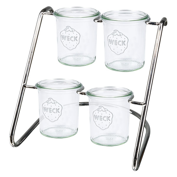 Portabicchieri Flato4 per 4 bicchieri WECK Moderno portavivande con 4 vasi WECK in una struttura metallica: pratico per conservare e presentare con stile